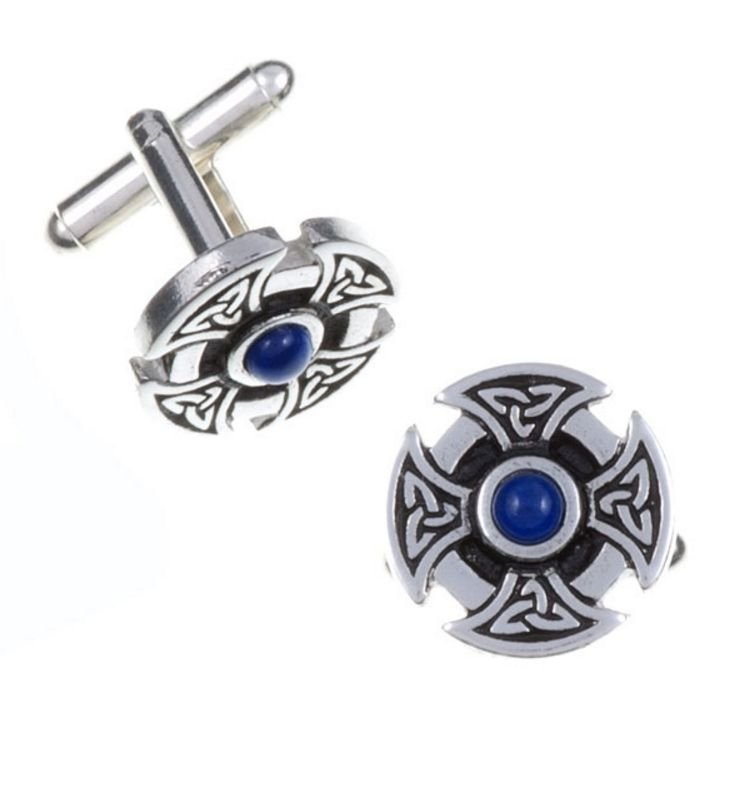 Image 1 of Lapis Lazuli Celtic Cross Knotwork Mens Stylish Pewter Cufflinks