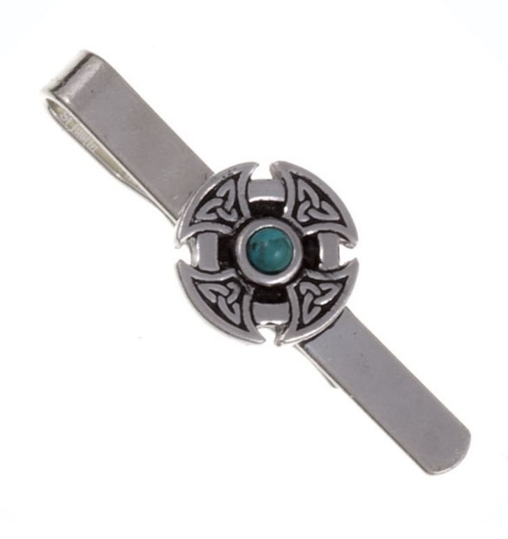 Image 1 of Turquoise Celtic Cross Knotwork Mens Stylish Pewter Tie Bar