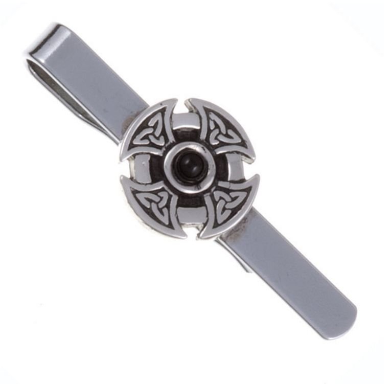 Image 1 of Black Onyx Celtic Cross Knotwork Mens Stylish Pewter Tie Bar