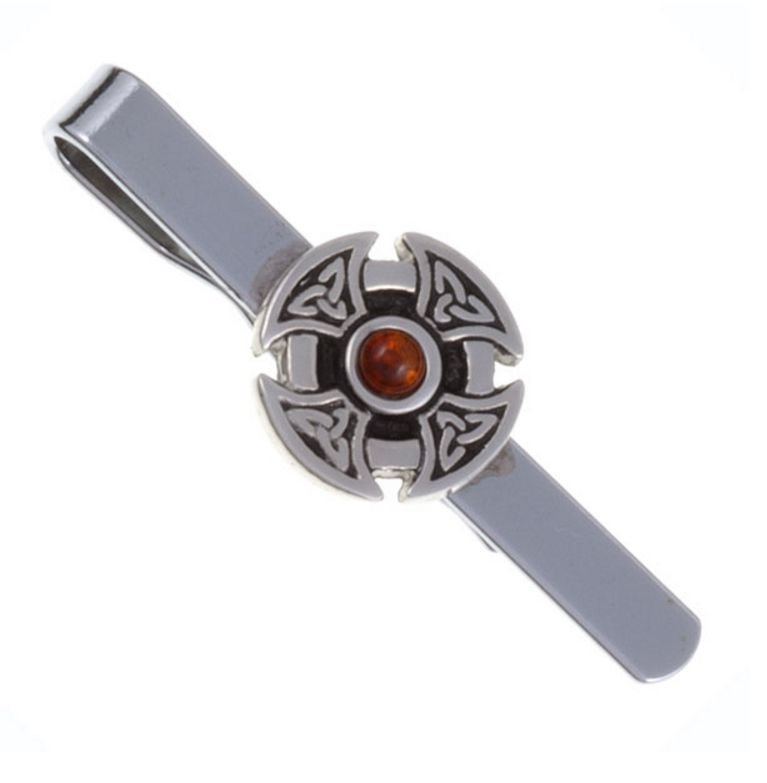 Image 1 of Amber Celtic Cross Knotwork Mens Stylish Pewter Tie Bar