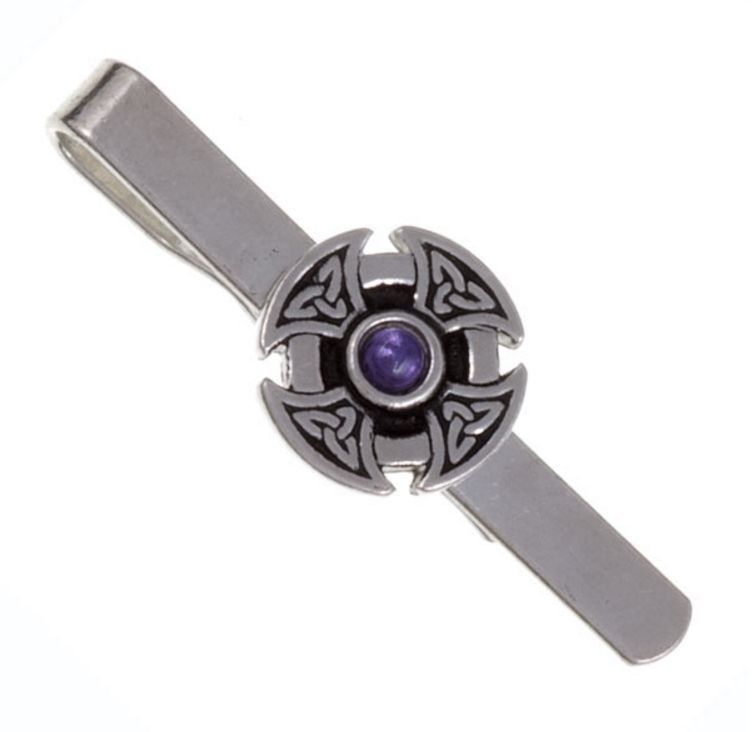 Image 1 of Amethyst Celtic Cross Knotwork Mens Stylish Pewter Tie Bar