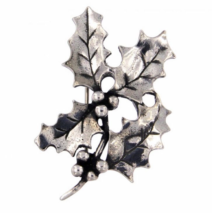 Image 1 of Holly Leaf Sprig Antiqued Stylish Pewter Brooch