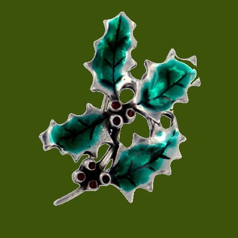 Image 0 of Holly Leaf Sprig Enamel Antiqued Stylish Pewter Brooch
