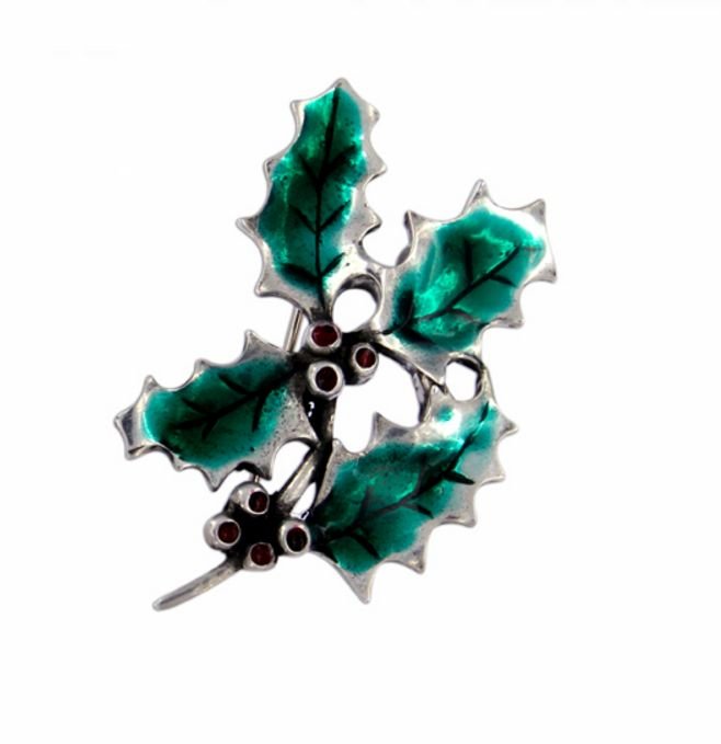 Image 1 of Holly Leaf Sprig Enamel Antiqued Stylish Pewter Brooch