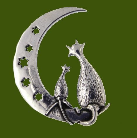 Image 0 of Purrfect Cats Crescent Moon Stars Antiqued Stylish Pewter Brooch