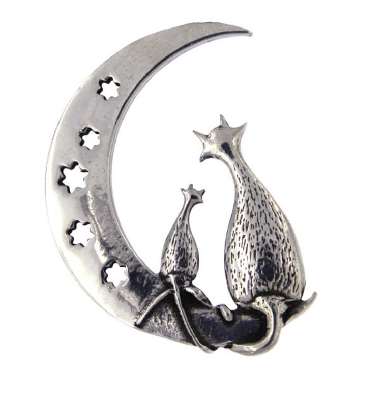 Image 1 of Purrfect Cats Crescent Moon Stars Antiqued Stylish Pewter Brooch
