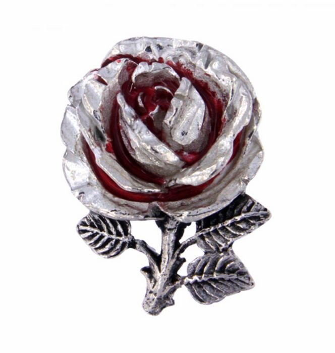 Image 1 of Red Rose Flower Enamel Antiqued Stylish Pewter Brooch