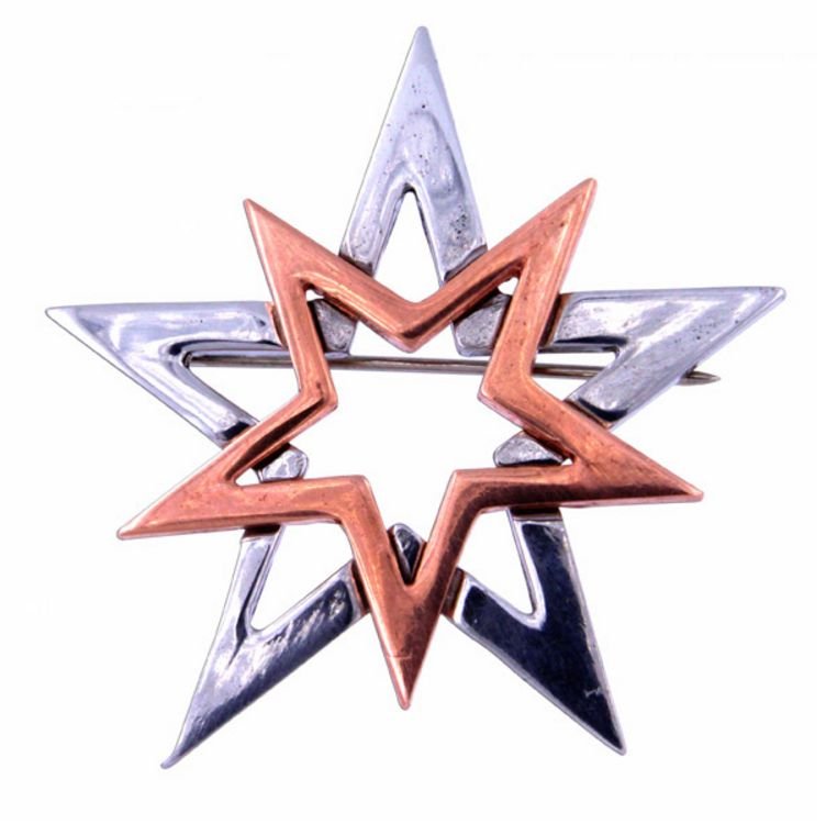 Image 1 of Double Star Polished Copper Plated Stylish Pewter Brooch