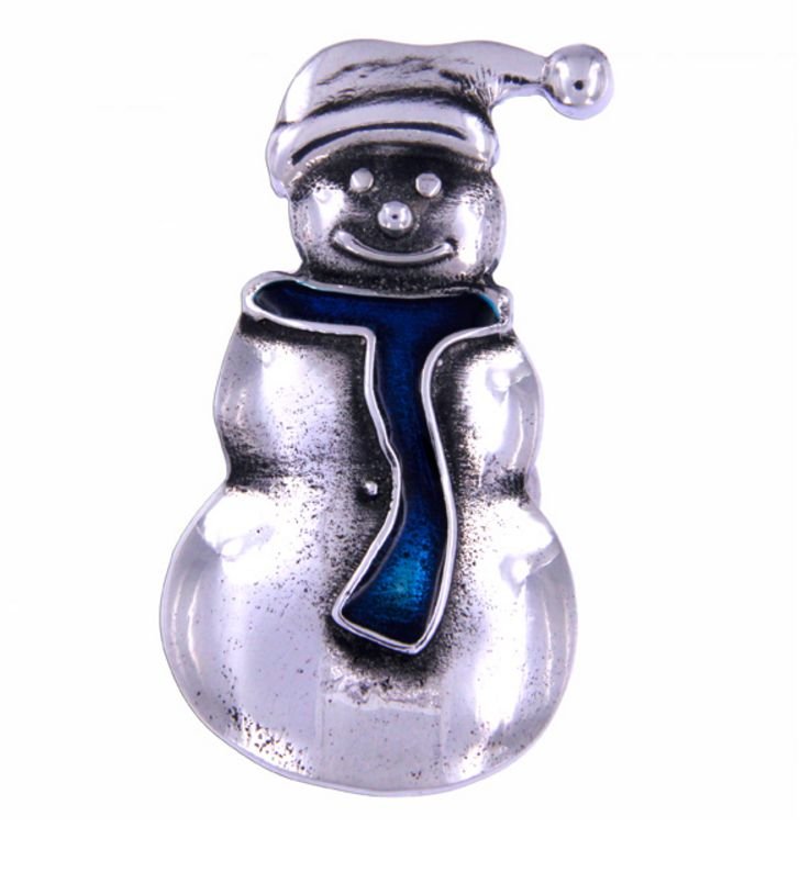 Image 1 of Snowman Winterland Blue Enamel Antiqued Stylish Pewter Brooch