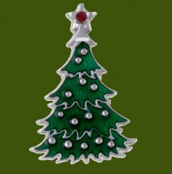 Christmas Tree Green Enamel Red Crystal Stylish Pewter Brooch