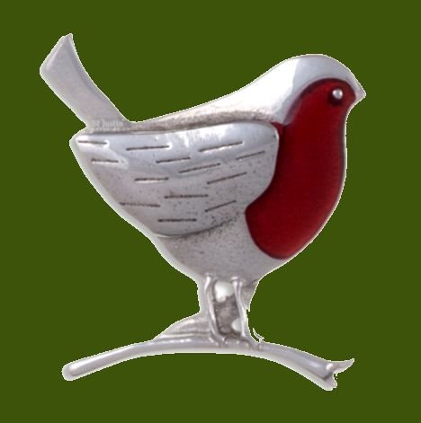 Image 0 of Robin On Branch Red Enamel Large Antiqued Stylish Pewter Brooch