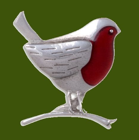 Image 0 of Robin On Branch Red Enamel Antiqued Stylish Pewter Brooch