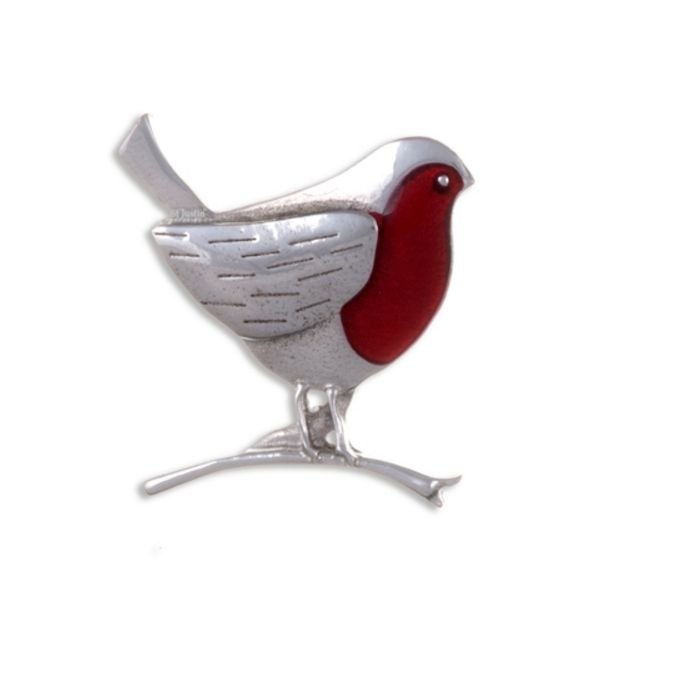 Image 1 of Robin On Branch Red Enamel Antiqued Stylish Pewter Brooch