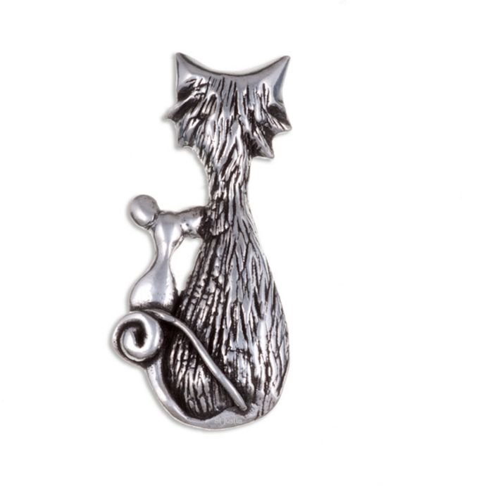 Image 1 of Purrfect Cat And Mouse Friends Antiqued Stylish Pewter Brooch