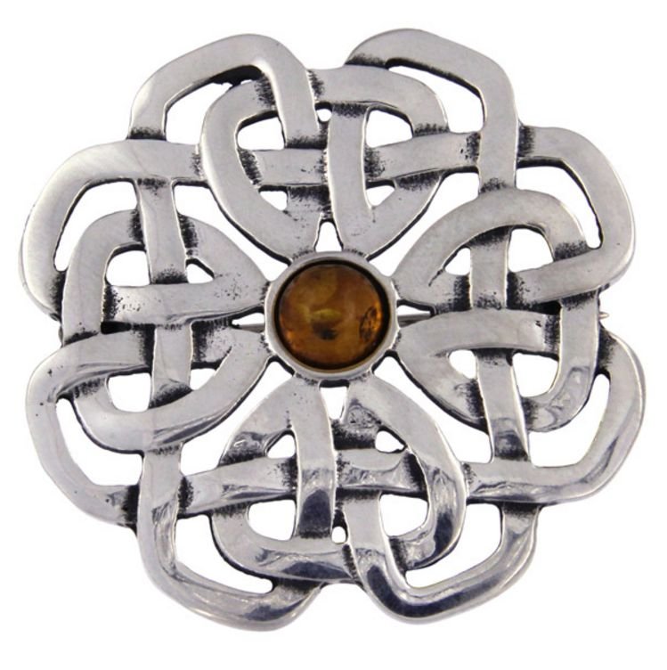 Image 1 of Amber Celtic Rose Open Knotwork Antiqued Stylish Pewter Brooch