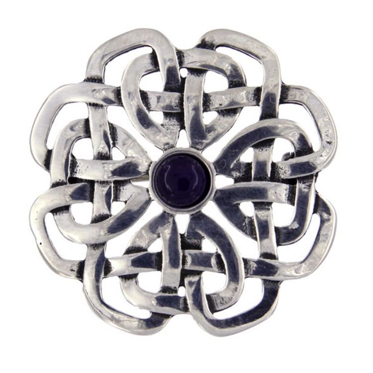 Image 1 of Amethyst Celtic Rose Open Knotwork Antiqued Stylish Pewter Brooch