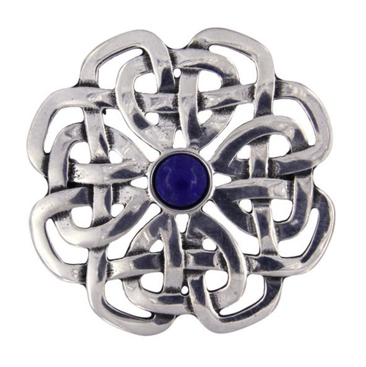 Image 1 of Lapis Lazuli Celtic Rose Open Knotwork Antiqued Stylish Pewter Brooch