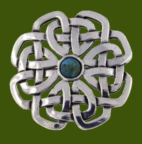 Image 0 of Turquoise Celtic Rose Open Knotwork Antiqued Stylish Pewter Brooch