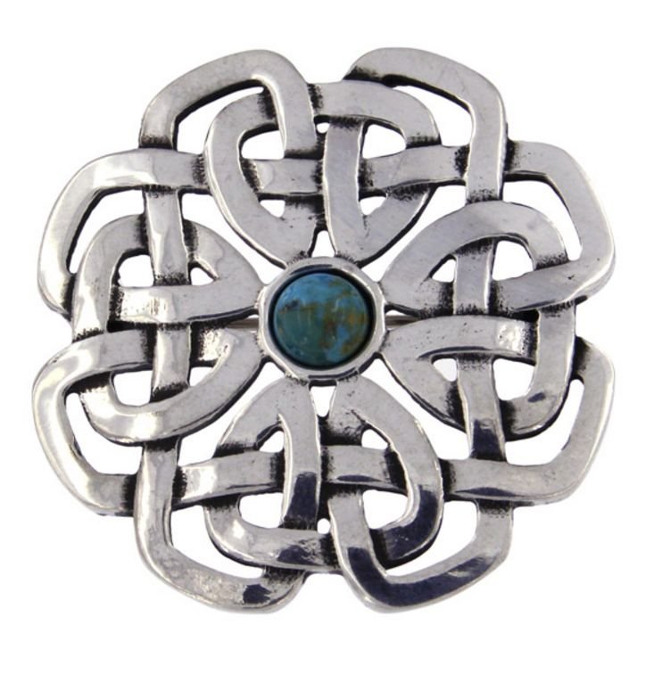 Image 1 of Turquoise Celtic Rose Open Knotwork Antiqued Stylish Pewter Brooch