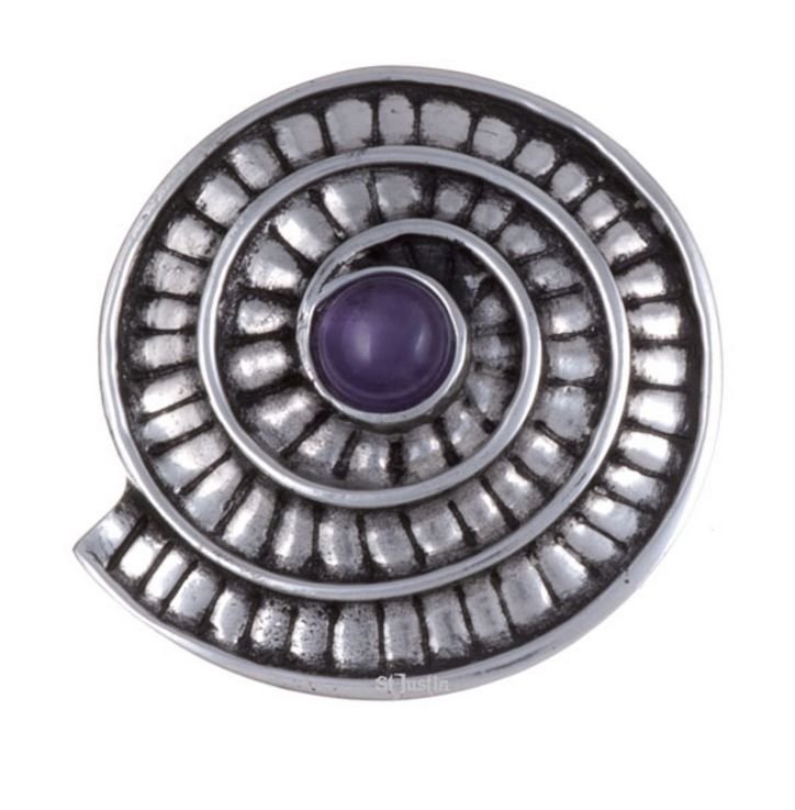 Image 1 of Amethyst Ammonite Shell Spiral Antiqued Stylish Pewter Brooch