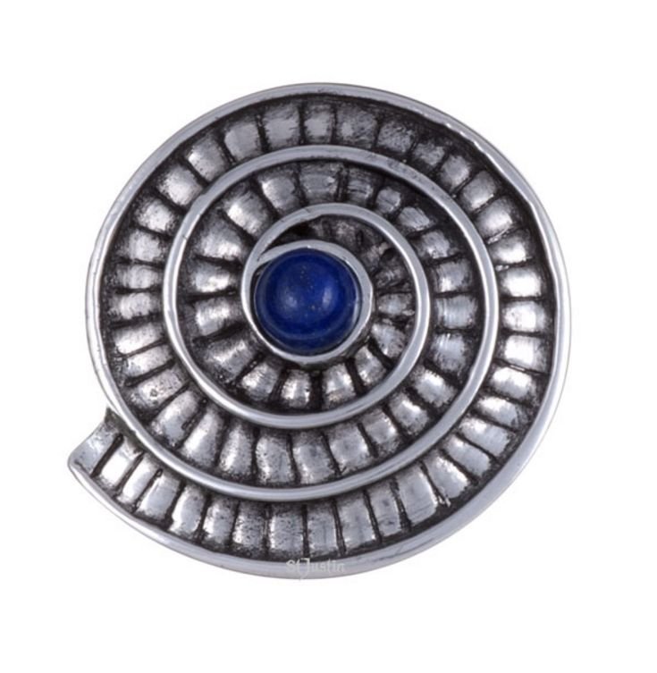 Image 1 of Lapis Lazuli Ammonite Shell Spiral Antiqued Stylish Pewter Brooch