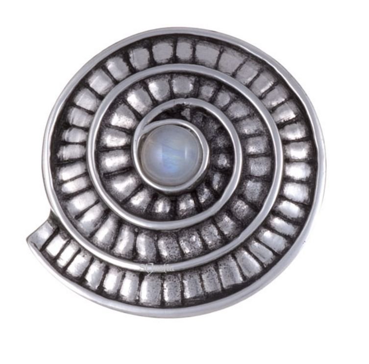 Image 1 of Moonstone Ammonite Shell Spiral Antiqued Stylish Pewter Brooch