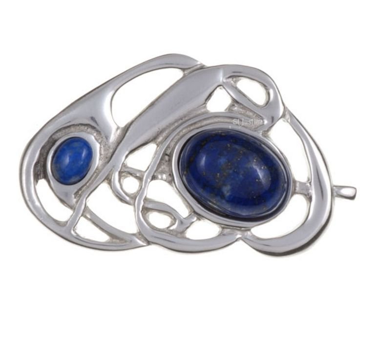 Image 1 of Lapis Lazuli Celtic Nouveau Open Knotwork Antiqued Stylish Pewter Brooch