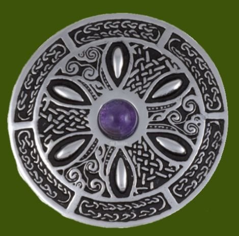Image 0 of Amethyst Celtic Wheel Embossed Round Antiqued Stylish Pewter Brooch