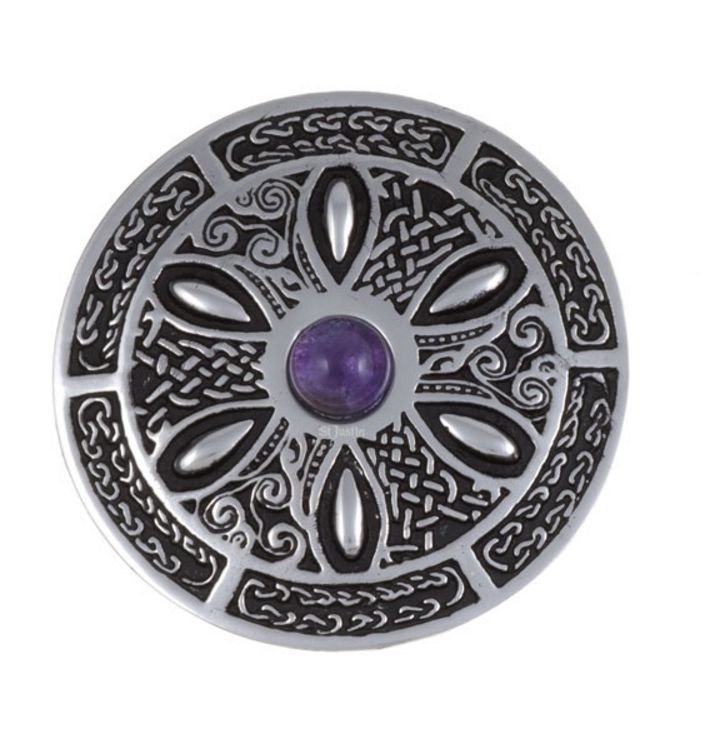 Image 1 of Amethyst Celtic Wheel Embossed Round Antiqued Stylish Pewter Brooch