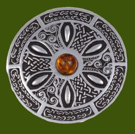 Image 0 of Amber Celtic Wheel Embossed Round Antiqued Stylish Pewter Brooch