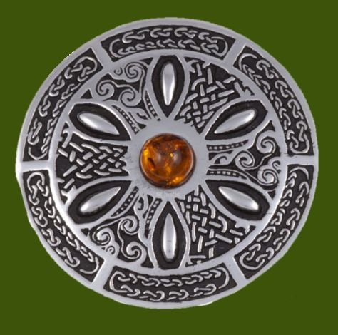 Image 0 of Amber Celtic Wheel Embossed Round Antiqued Stylish Pewter Brooch