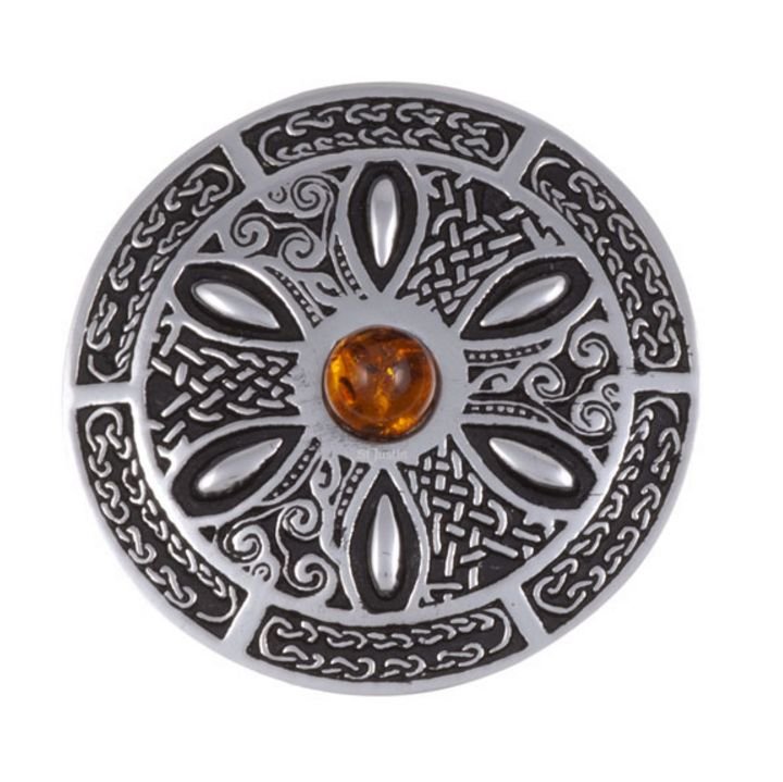 Image 1 of Amber Celtic Wheel Embossed Round Antiqued Stylish Pewter Brooch