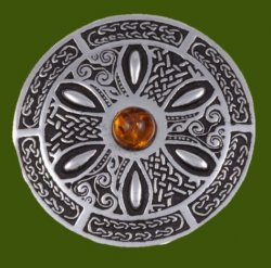 Amber Celtic Wheel Embossed Round Antiqued Stylish Pewter Brooch