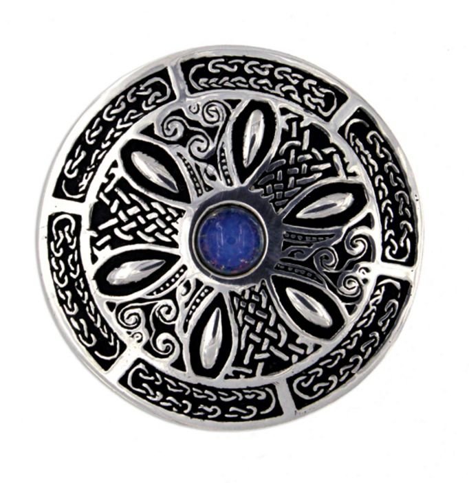 Image 1 of Opal Celtic Wheel Embossed Round Antiqued Stylish Pewter Brooch