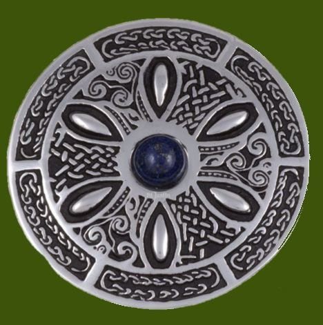 Image 0 of Lapis Lazuli Celtic Wheel Embossed Round Antiqued Stylish Pewter Brooch