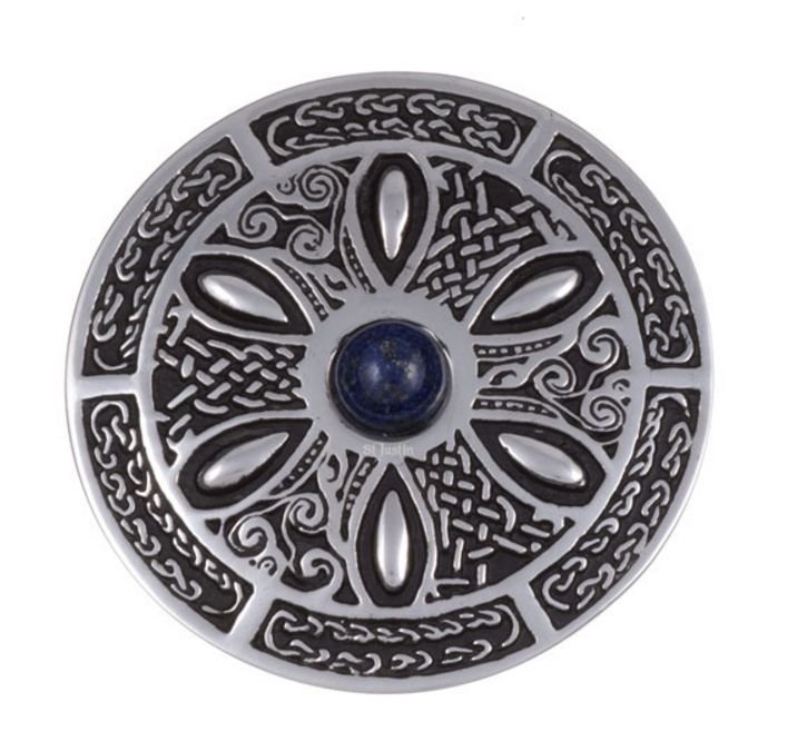 Image 1 of Lapis Lazuli Celtic Wheel Embossed Round Antiqued Stylish Pewter Brooch