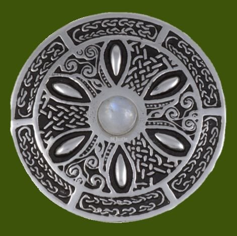 Image 0 of Moonstone Celtic Wheel Embossed Round Antiqued Stylish Pewter Brooch