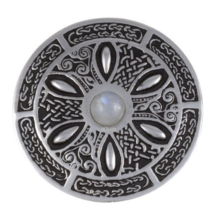 Image 1 of Moonstone Celtic Wheel Embossed Round Antiqued Stylish Pewter Brooch