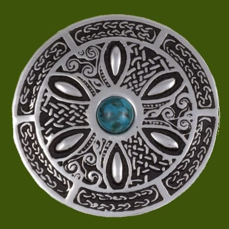 Image 0 of Turquoise Celtic Wheel Embossed Round Antiqued Stylish Pewter Brooch