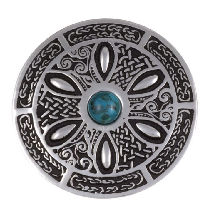 Image 1 of Turquoise Celtic Wheel Embossed Round Antiqued Stylish Pewter Brooch
