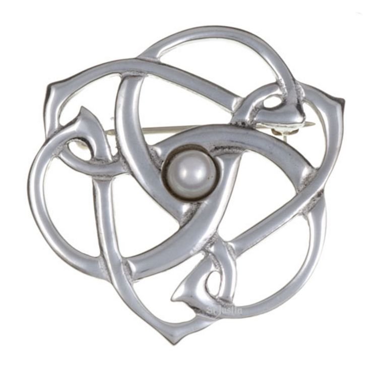 Image 1 of Pearl Celtic Triscele Open Knotwork Antiqued Stylish Pewter Brooch