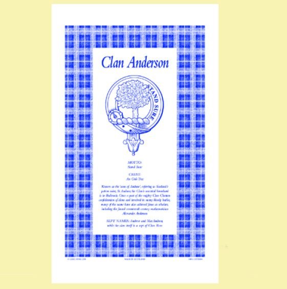Image 0 of Anderson Clan Scottish Blue White Cotton Printed Tea Towel