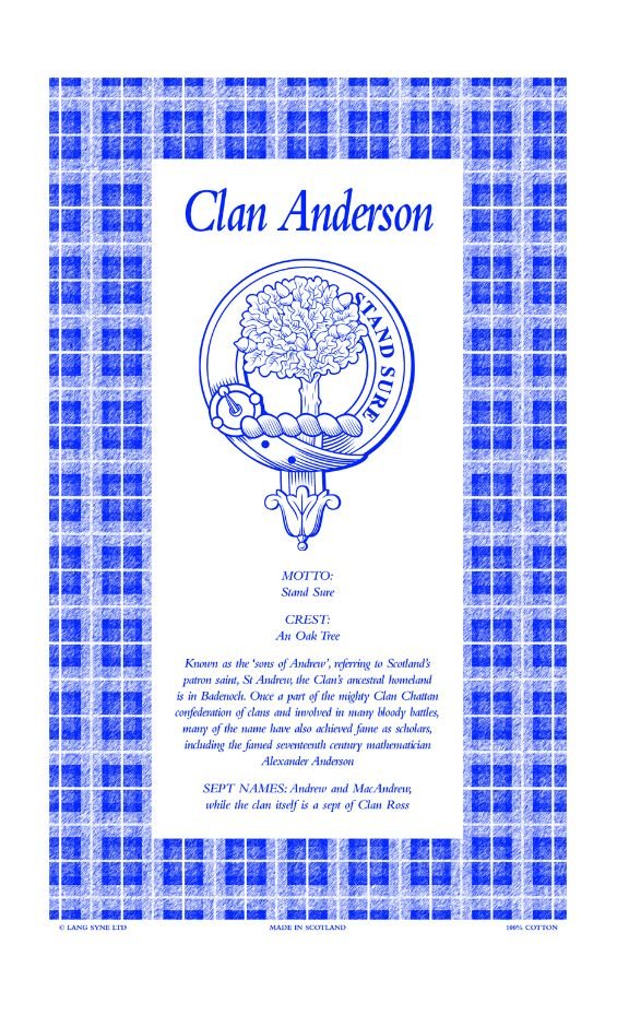 Image 1 of Anderson Clan Scottish Blue White Cotton Printed Tea Towel