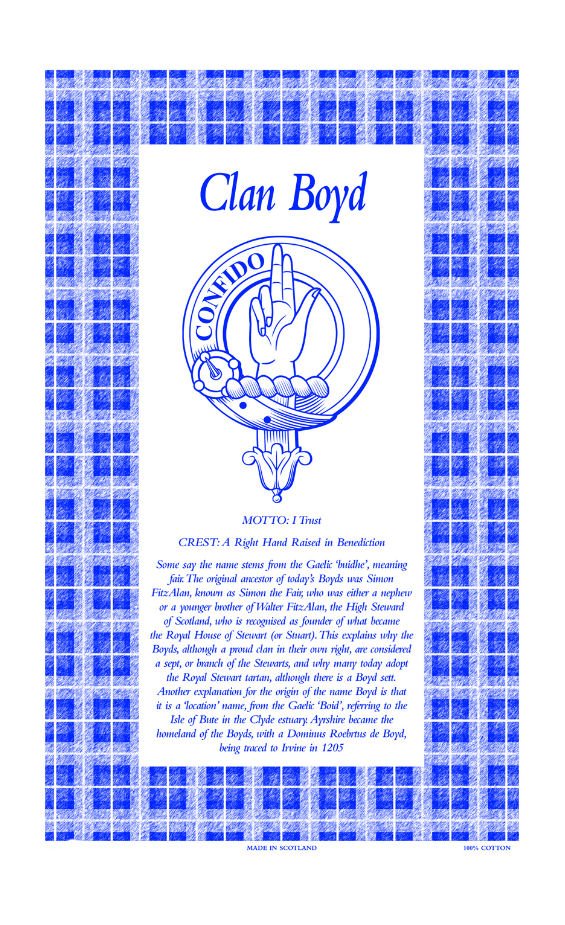 Image 1 of Boyd Clan Scottish Blue White Cotton Printed Tea Towel
