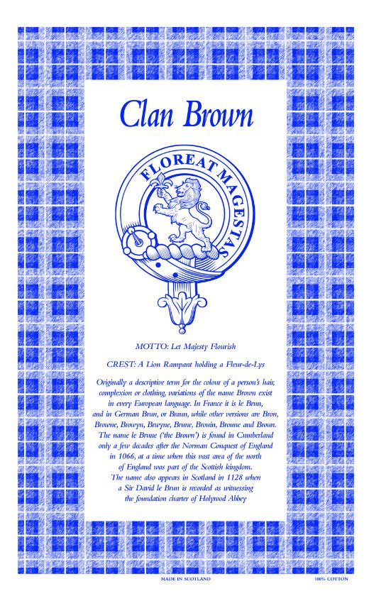 Image 1 of Brown Clan Scottish Blue White Cotton Printed Tea Towel
