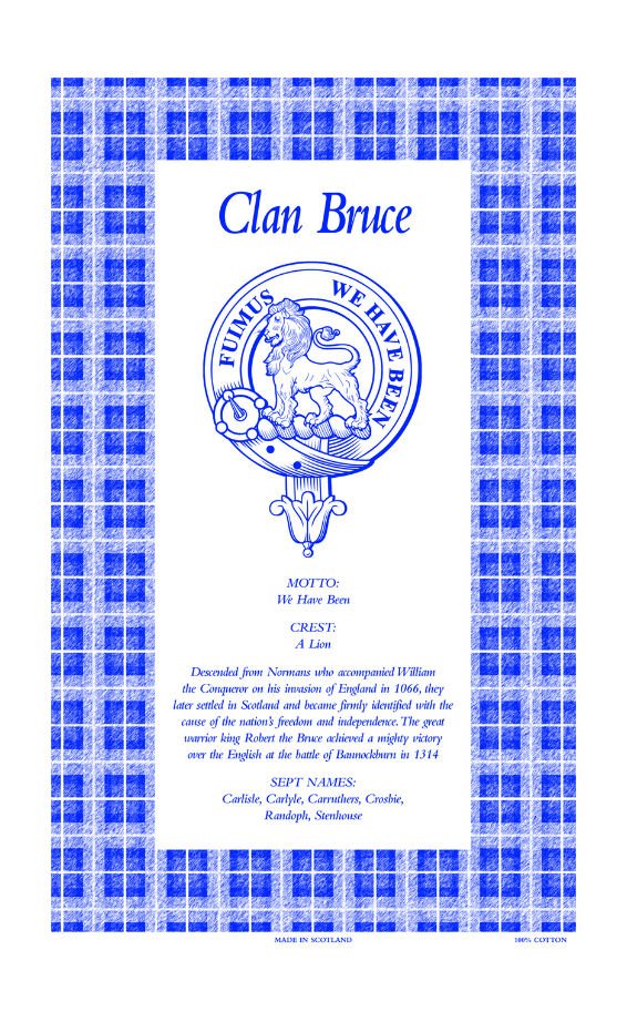 Image 1 of Bruce Clan Scottish Blue White Cotton Printed Tea Towel