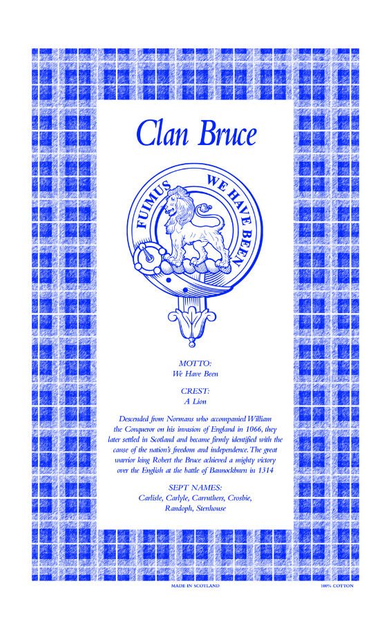 Image 1 of Bruce Clan Scottish Blue White Cotton Printed Tea Towel
