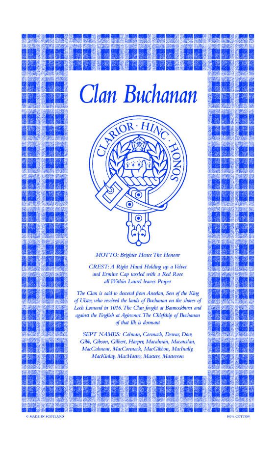 Image 1 of Buchanan Clan Scottish Blue White Cotton Printed Tea Towel