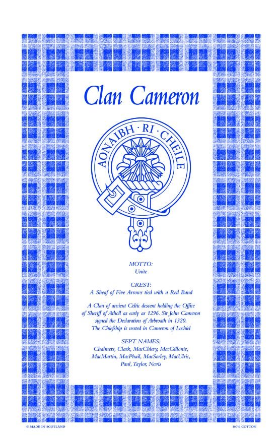 Image 1 of Cameron Clan Scottish Blue White Cotton Printed Tea Towel