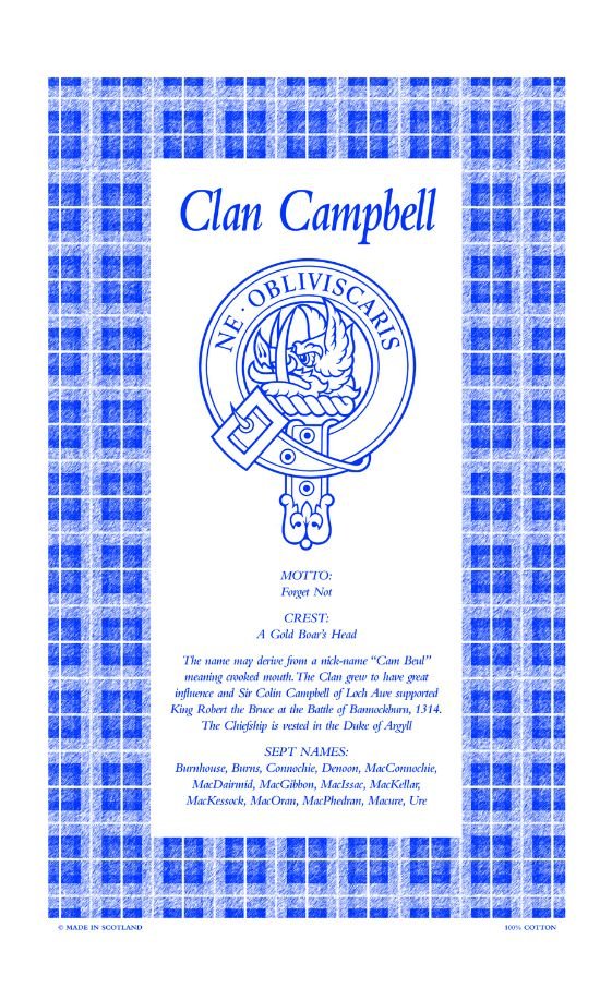 Image 1 of Campbell Clan Scottish Blue White Cotton Printed Tea Towel